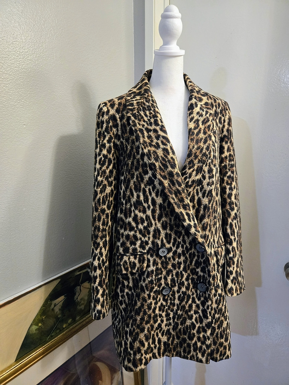 Zara Leopard Print Double-Breasted Blazer in Tan and Black Oversized M